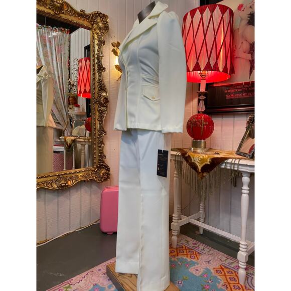 vintage 1970s cream pantsuit 70s jacket and pants flared butterfly mod polyester - Picture 8 of 10